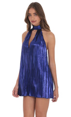 Blue Metallic Pleated Shift Dress