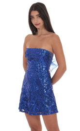 Sequin Mesh Strapless Dress in Royal Blue