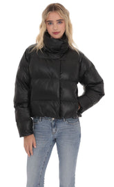 Black Faux Leather Puffer Jacket
