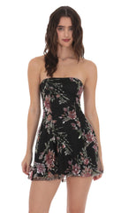 Sequin Floral Strapless Dress in Black