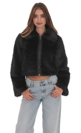 Faux Fur Cropped Jacket in Black
