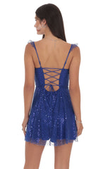 Sequin Ruffle Strap A-Line Dress in Blue