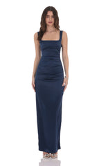 Satin Bodycon Maxi Dress in Navy