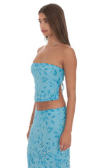 Strapless Beaded Floral Top in Aqua Blue