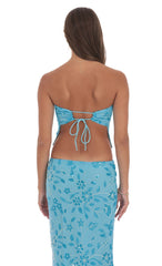 Strapless Beaded Floral Top in Aqua Blue
