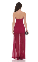 Mesh Strapless Maxi Dress in Magenta