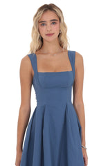 Square Neck Flare Midi Dress in Denim Blue