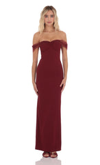 Tulle Off Shoulder Maxi Dress in Maroon