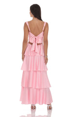 Satin Ruffle Maxi Dress in Pink