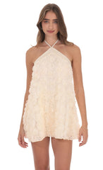 Ivory Floral Halter Dress with Satin Trim