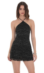 Glitter Mesh Halter Dress in Black