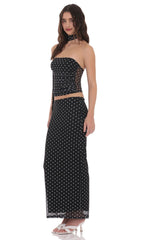 Polka Dot Mesh Pencil Maxi Skirt in Black