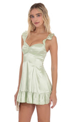 Pastel Green Satin Ruffle Fit-and-Flare Dress
