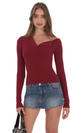 Off Shoulder Henley Top in Maroon