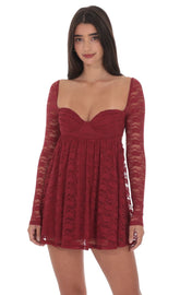 Lace Long Sleeve Babydoll Dress in Maroon