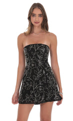 Black Sequin Beaded Strapless Flare Dress