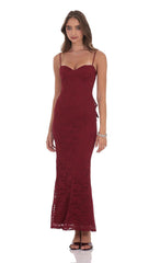 Lace Back Bow Maxi Dress in Burgundy