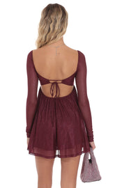 Long Sleeve Foil Babydoll Dress in Burgundy