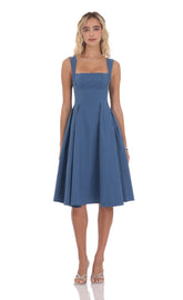 Square Neck Flare Midi Dress in Denim Blue