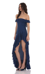 Off Shoulder Ruffle Maxi Dress in Blue