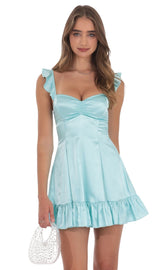 Satin Ruffle Fit and Flare Dress in Cyan