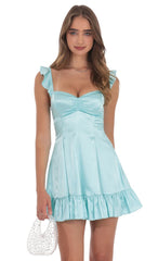 Satin Ruffle Fit and Flare Dress in Cyan