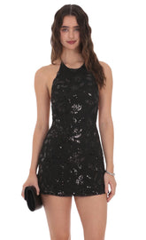 Mesh Sequin Halter Dress in Black