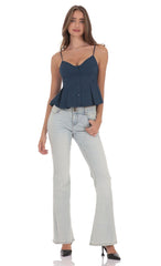 Navy Pinstripe Pleated Flare Top