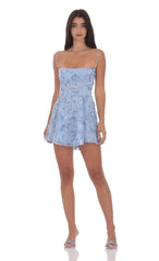 Light Blue Floral Sequin Fit-and-Flare Dress