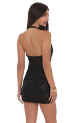 Sequin Plunge Cowl Neck Dress in Black