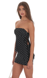 Polka Dot Mesh Strapless Two Piece Set in Black