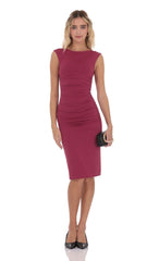 Open Back Ruched Midi Dress in Maroon