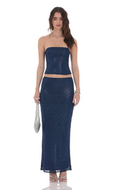 Strapless Foiled Lace Two Piece Set in Navy