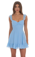 Ruffle Strap Fit and Flare Dress in Light Blue