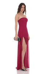 Mesh Strapless Maxi Dress in Magenta