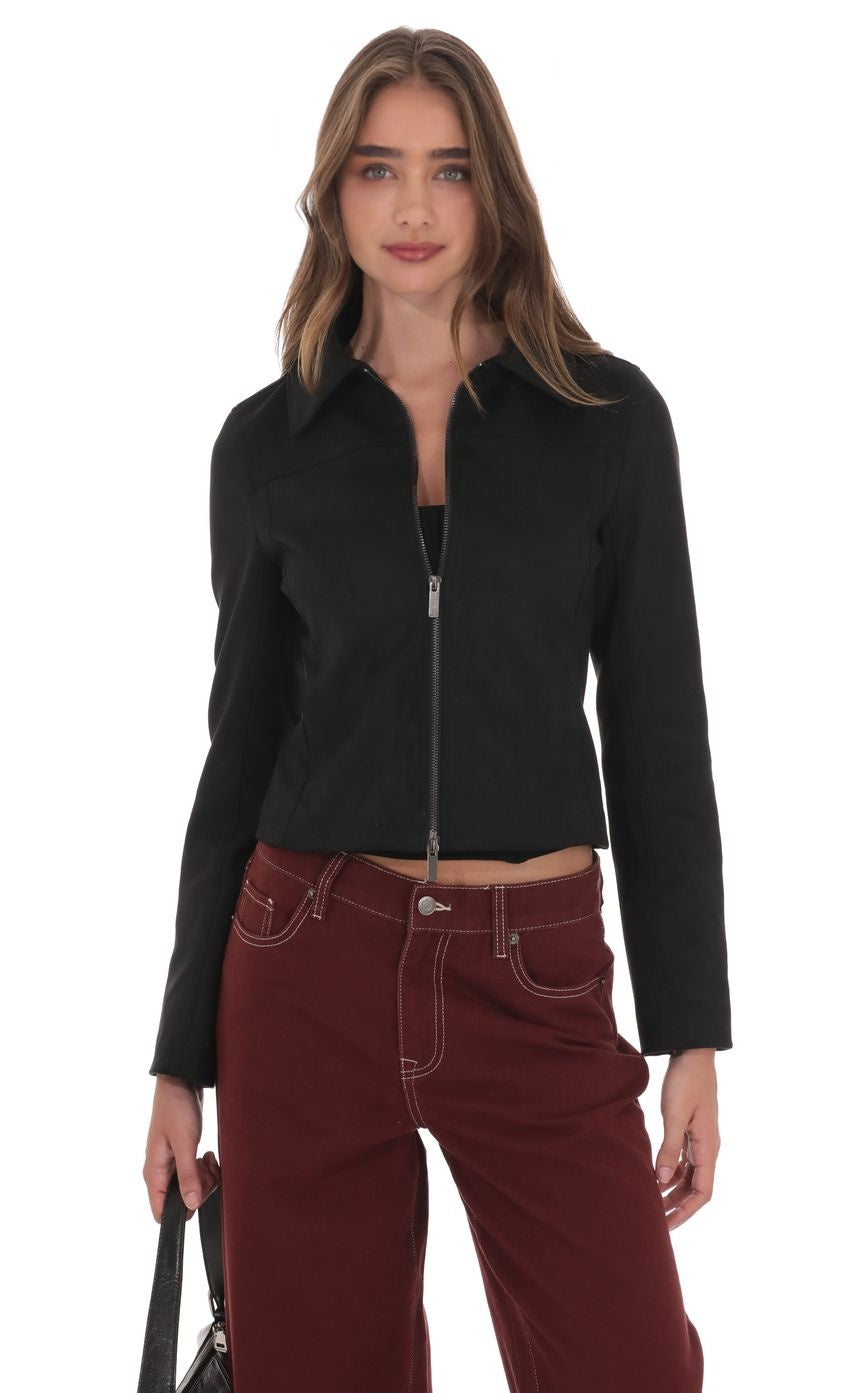 Suede Zip-Up Jacket in Black