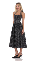 Black Polka Dot Halter Midi Dress
