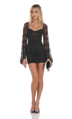 Lace Ruched Long Sleeve Dress in Black