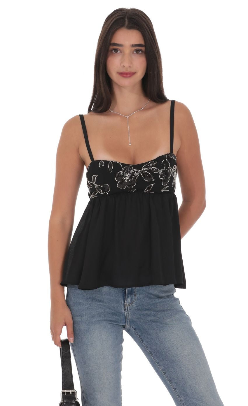 Beaded Babydoll Top in Black