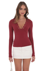 Lace V-Neck Top in Maroon