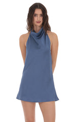 Satin Halter Open Back Dress in Navy