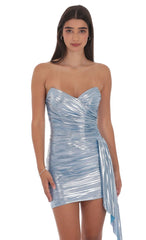 Metallic Corset Tassel Dress in Light Blue