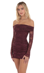 Off-the-Shoulder Long-Sleeve Lace Dress in Burgundy