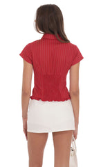 PinStripe Button-Up Ruffle Top in Red