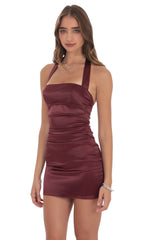 Wine Satin Halter Bodycon Dress