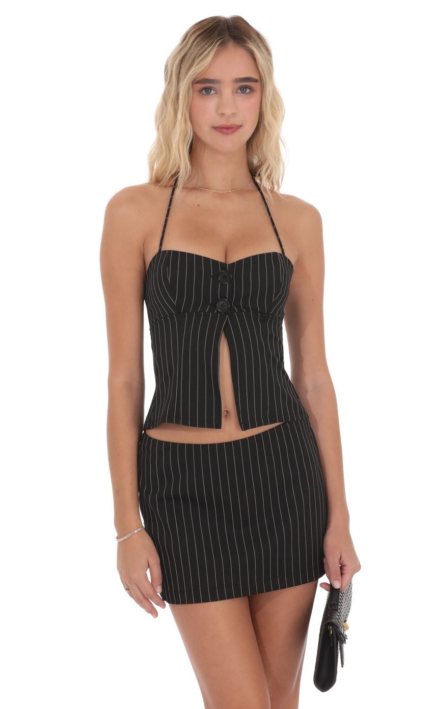 Pinstripe Halter Flyaway Top in Black