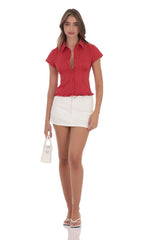 PinStripe Button-Up Ruffle Top in Red