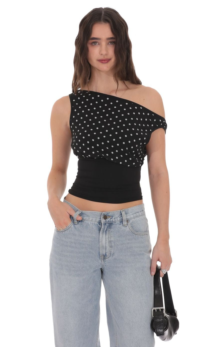 Black Polka Dot Boat Neck Top