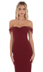 Tulle Off Shoulder Maxi Dress in Maroon