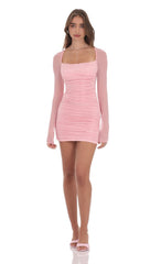 Pleated Mesh Bodycon Dress in Pink